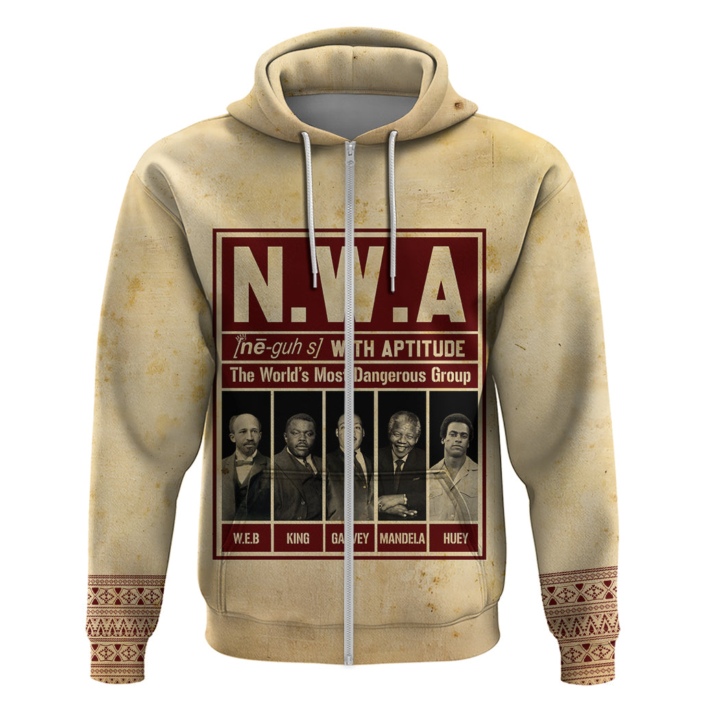 Men's tan zip hoodie with large N.W.A poster graphic on the front and patterned sleeve cuffs