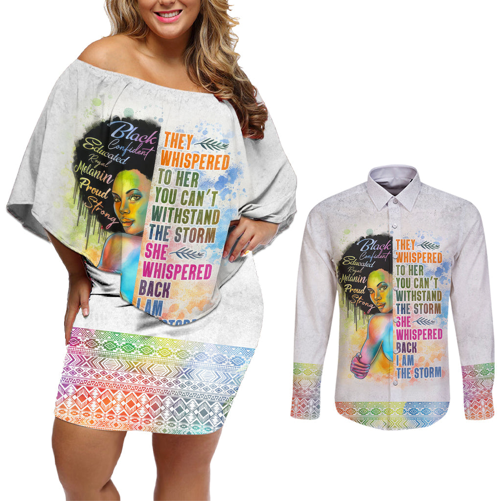 Black Girl I Am The Storm Couples Matching Off Shoulder Short Dress and Long Sleeve Button Shirt African American Women - Wonder Print Shop