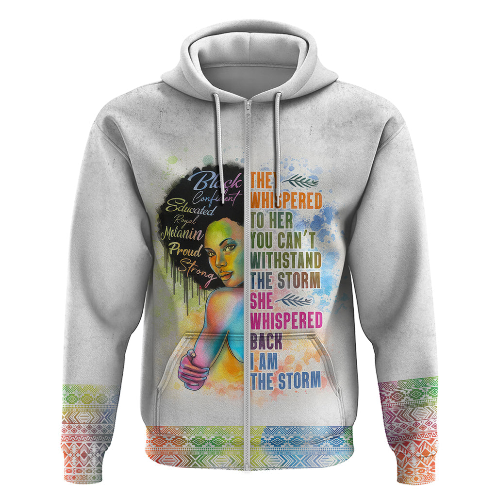 Light gray women’s pullover hoodie with colorful front graphic and patterned cuffs