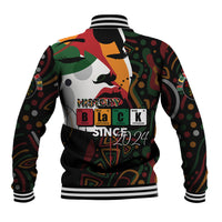 Black baseball jacket with striped collar/cuffs, back design with HISTORY and SINCE 2024.