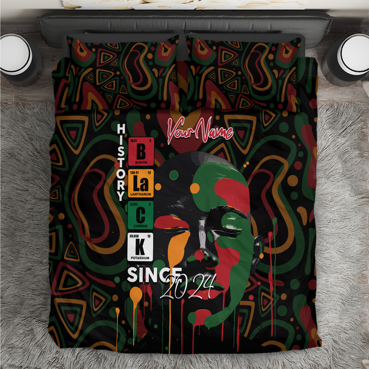 Personalized bedding set top view: dark duvet cover with portrait graphic and “Your Name”