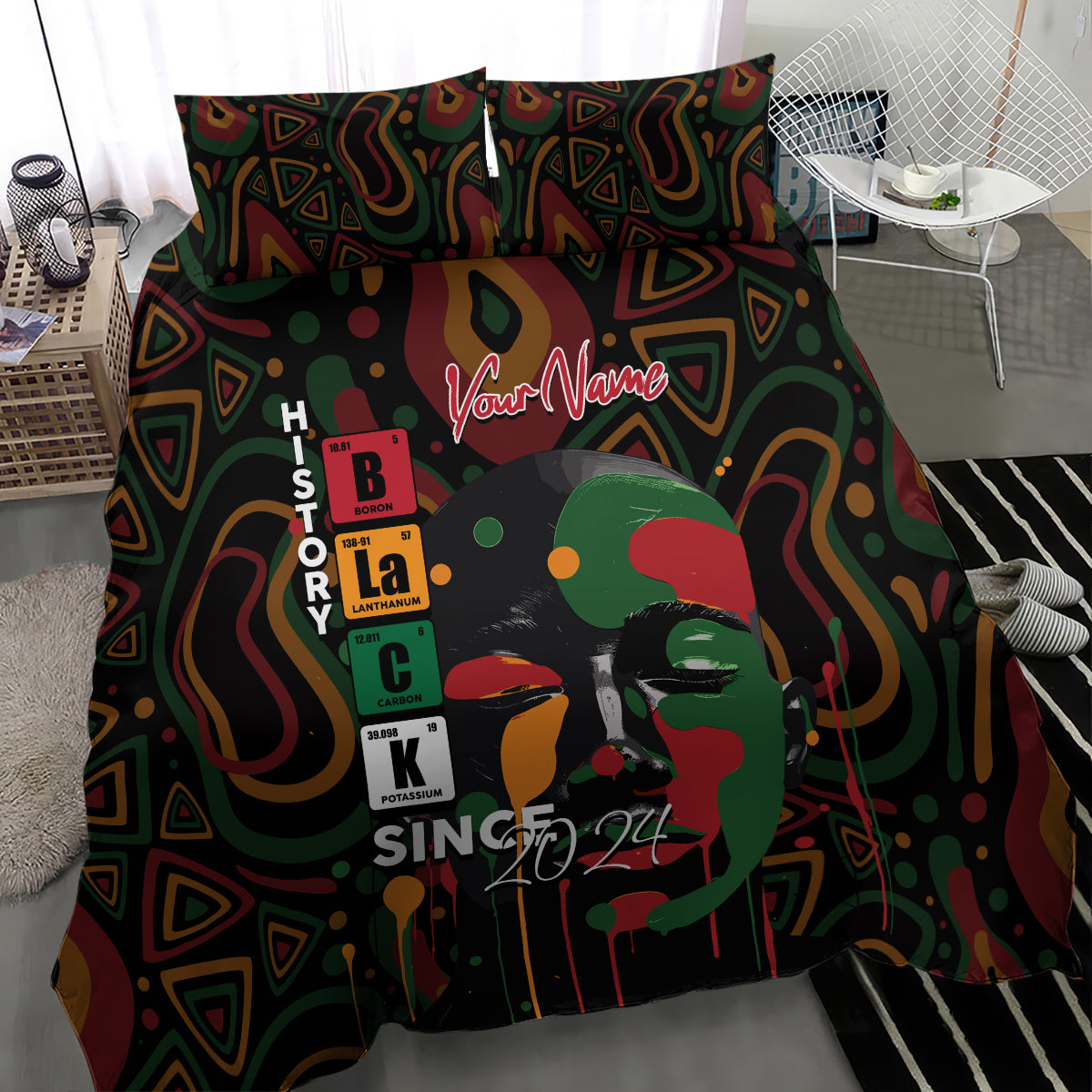 Personalized bedding set with portrait graphic and “Your Name” on dark comforter