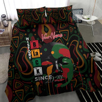 Personalized bedding set with portrait graphic and “Your Name” on dark comforter