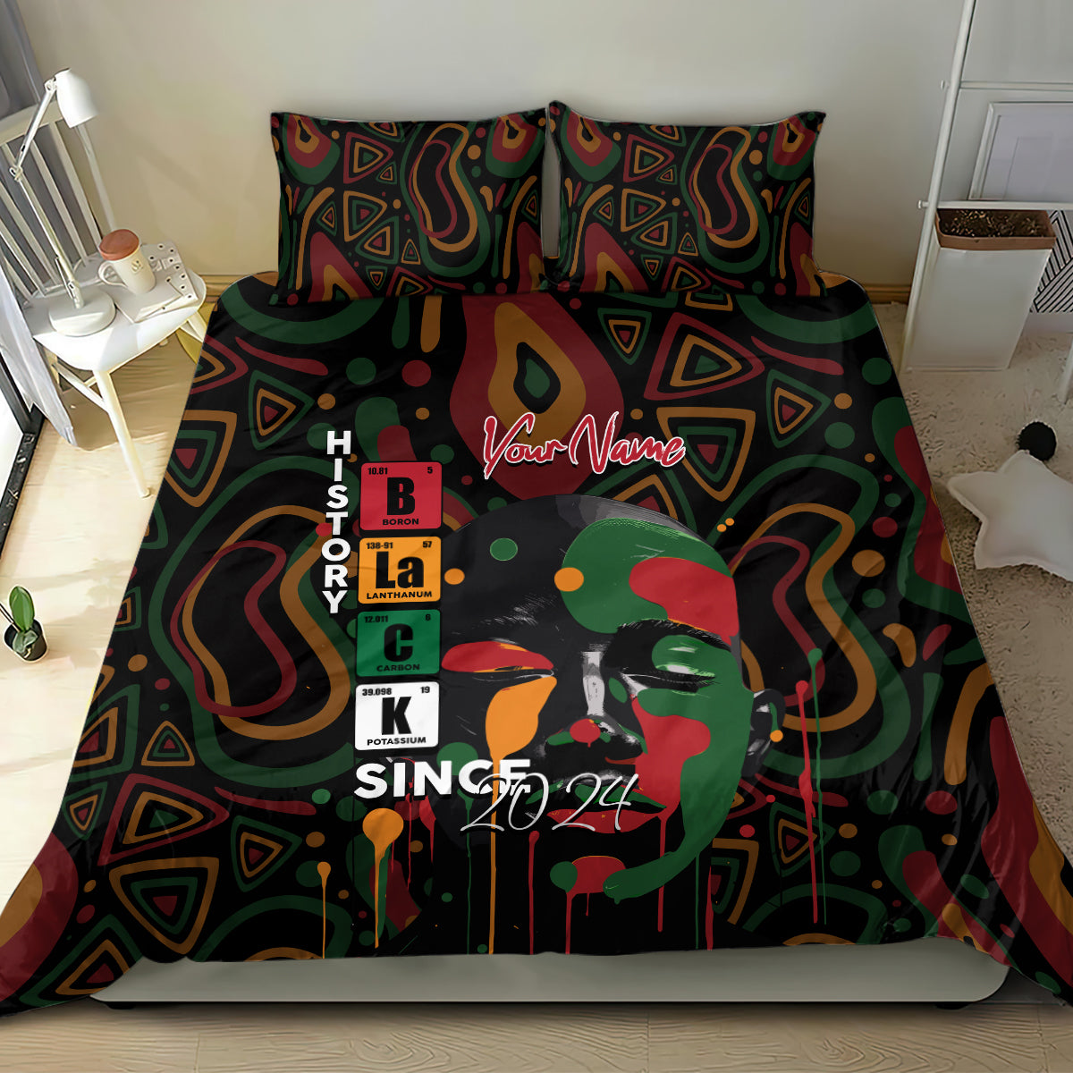 Personalized bedding set with portrait graphic, “Your Name” text, and two matching pillows