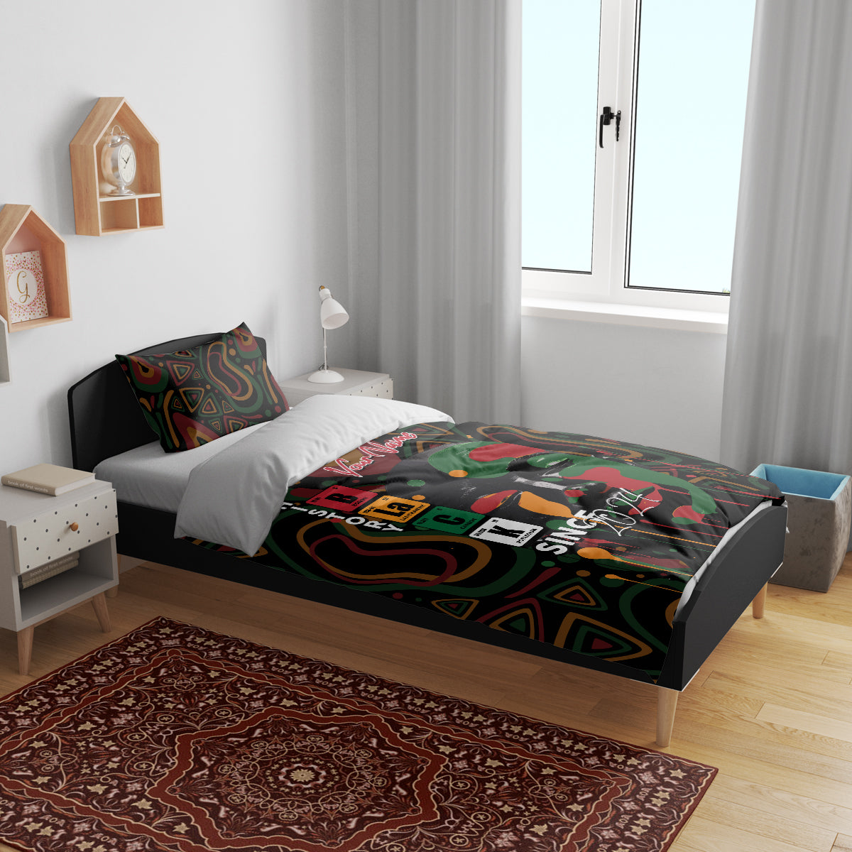 Personalized bedding set with dark base and colorful abstract graphic, plus matching pillows