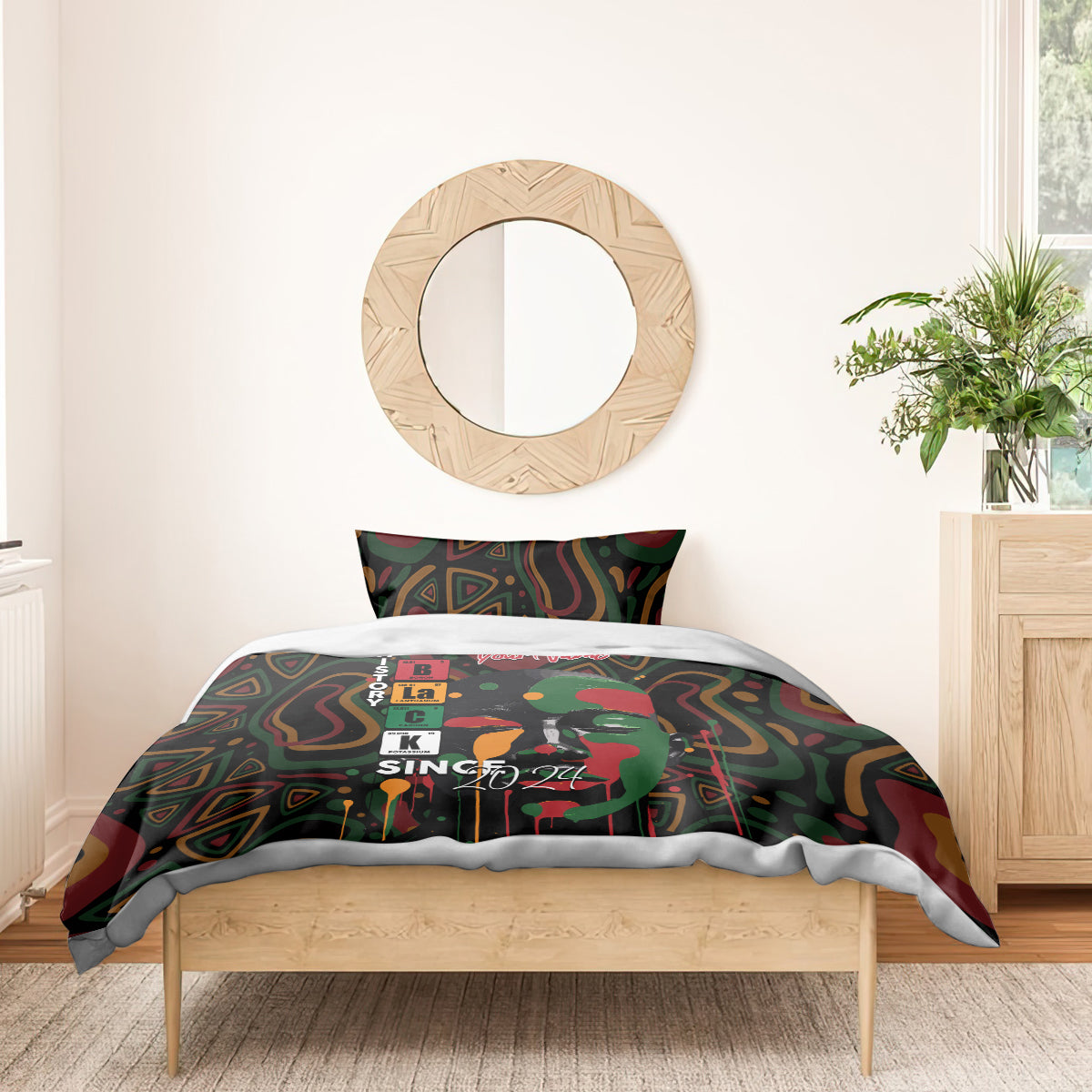Personalized bedding set on bed with dark duvet featuring colorful portrait graphic