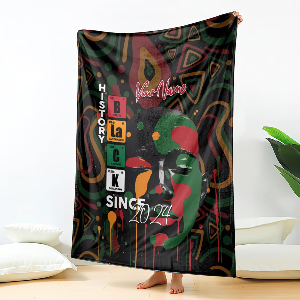 Personalized Black History Month blanket featuring colorful face portrait and “SINCE 2024”