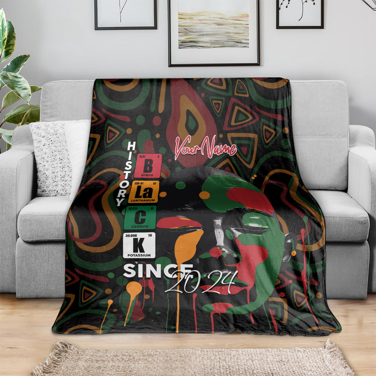 Personalized Black History Month blanket with large face portrait and “SINCE 2024”