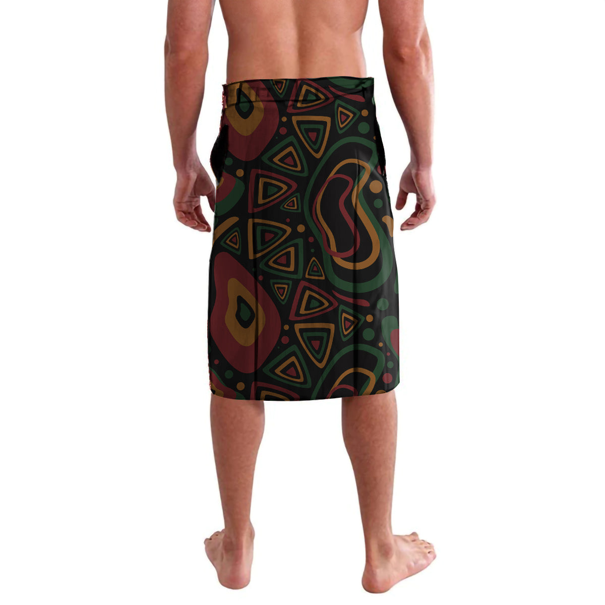 Sarong-style skirt with elastic waist, dark abstract pattern with geometric shapes (back)