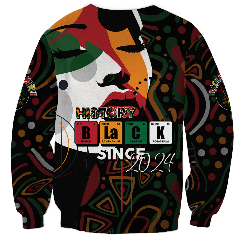 Black unisex sweatshirt with abstract face art, chemistry icons, and 'Since 2024' text