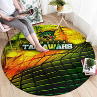 Round cricket team rug with Jamaica Tallawahs logo and text, green orange black design