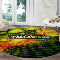 Round cricket rug with Jamaica Tallawahs graphic and text, bright green orange black pattern