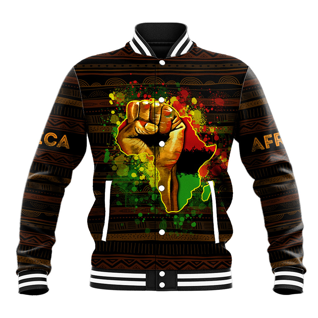 Unisex black baseball jacket with colorful African map graphic and striped ribbed trim