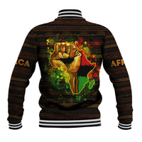 Unisex black baseball jacket with back African map fist graphic and striped ribbed trim