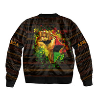 Unisex black bomber jacket with Africa map graphic, back view, ribbed hem