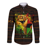Black long-sleeve button shirt with fist and Africa map print (front)