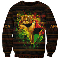 Unisex black sweatshirt with colorful Africa map and fist graphic, tribal border print