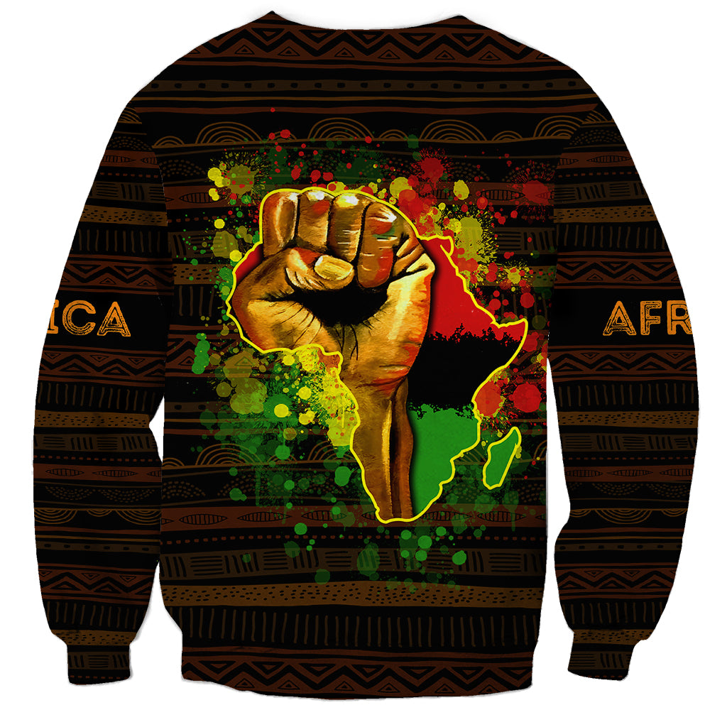 Unisex black crewneck sweatshirt with full front Africa map and fist artwork, patterned cuffs