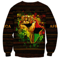 Unisex black crewneck sweatshirt with full front Africa map and fist artwork, patterned cuffs