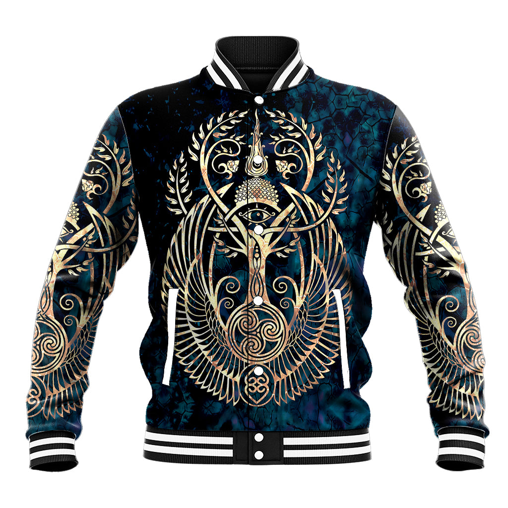 Navy unisex baseball jacket with gold and teal lion graphic, striped collar and cuffs