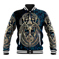 Navy unisex baseball jacket with gold and teal lion graphic, striped collar and cuffs