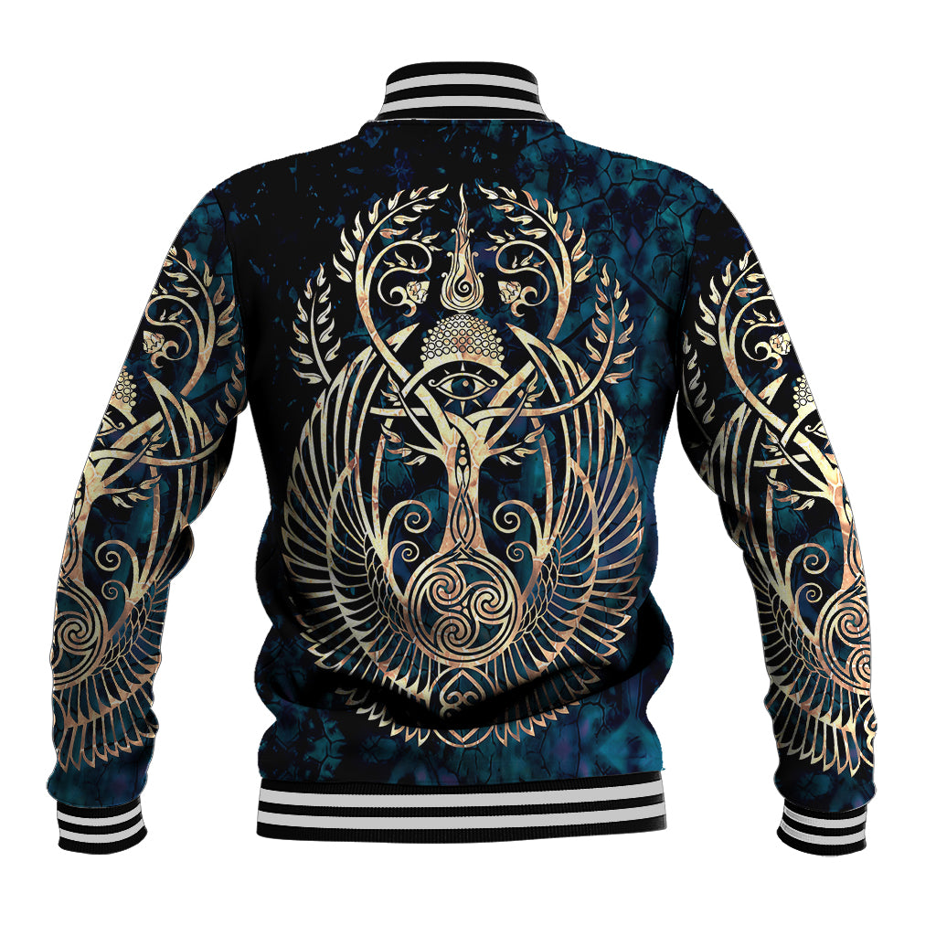 Navy unisex baseball jacket with gold and teal back lion graphic, striped cuffs and hem