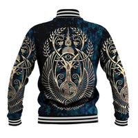 Navy unisex baseball jacket with gold and teal back lion graphic, striped cuffs and hem