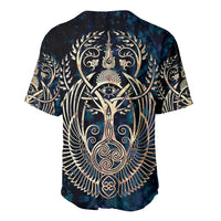 Navy baseball jersey with ornate golden Tree of Life and lion head graphic, rear