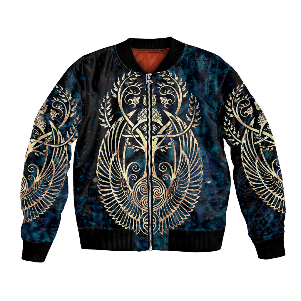 Unisex navy bomber jacket with gold Tree of Life graphic and ribbed collar cuffs