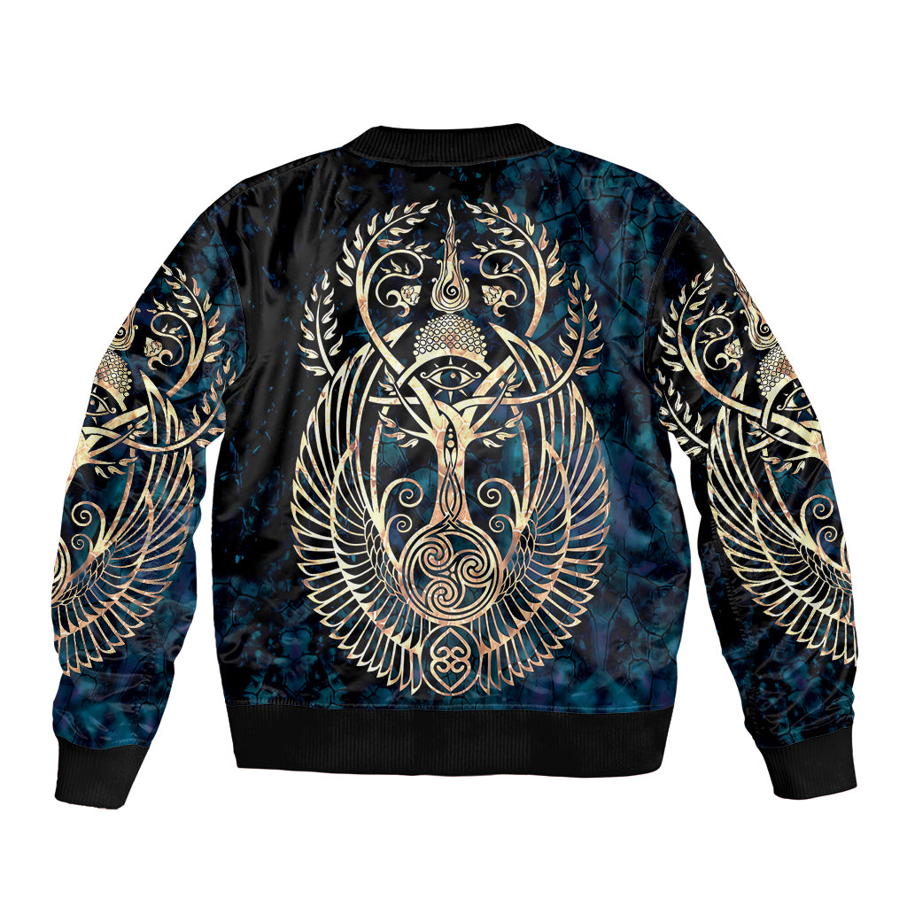 Unisex navy bomber jacket with centered gold Tree of Life graphic on back