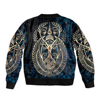 Unisex navy bomber jacket with centered gold Tree of Life graphic on back