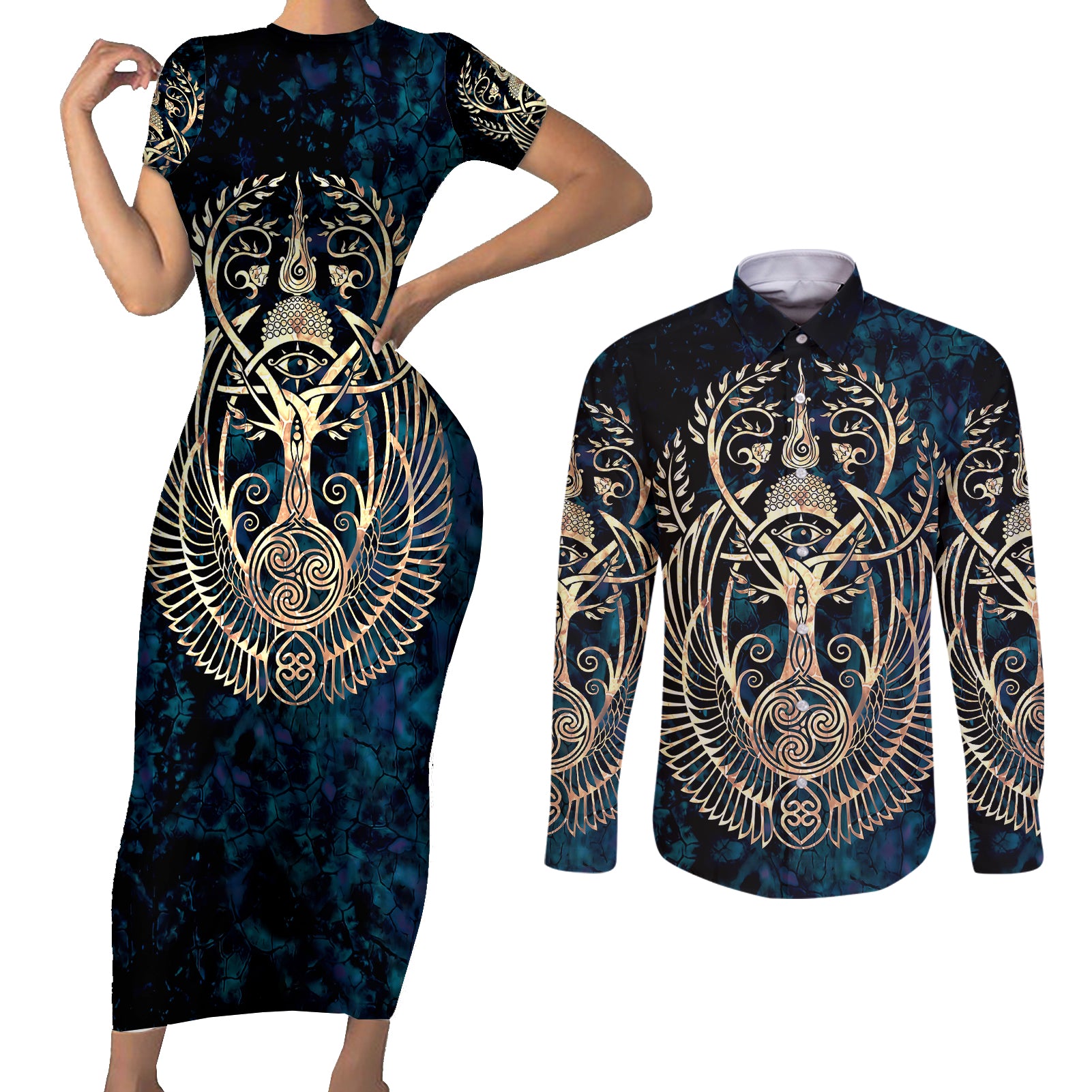 Adinkra Symbols Couples Matching Short Sleeve Bodycon Dress and Long Sleeve Button Shirts Tree of Life - Wonder Print Shop