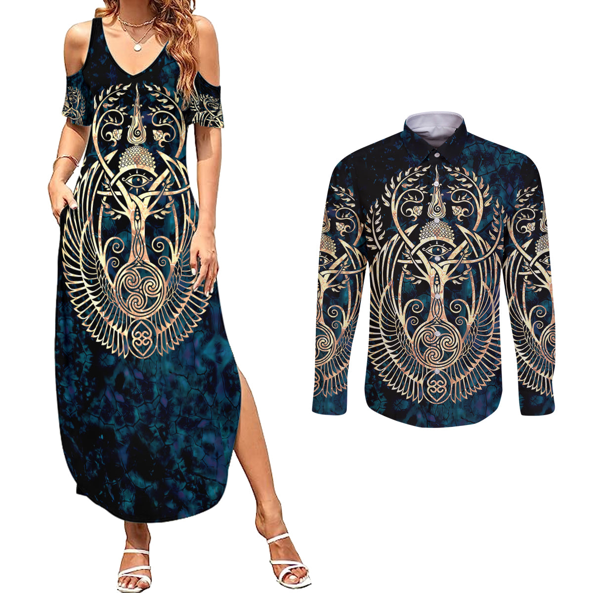 Adinkra Symbols Couples Matching Summer Maxi Dress and Long Sleeve Button Shirts Tree of Life - Wonder Print Shop