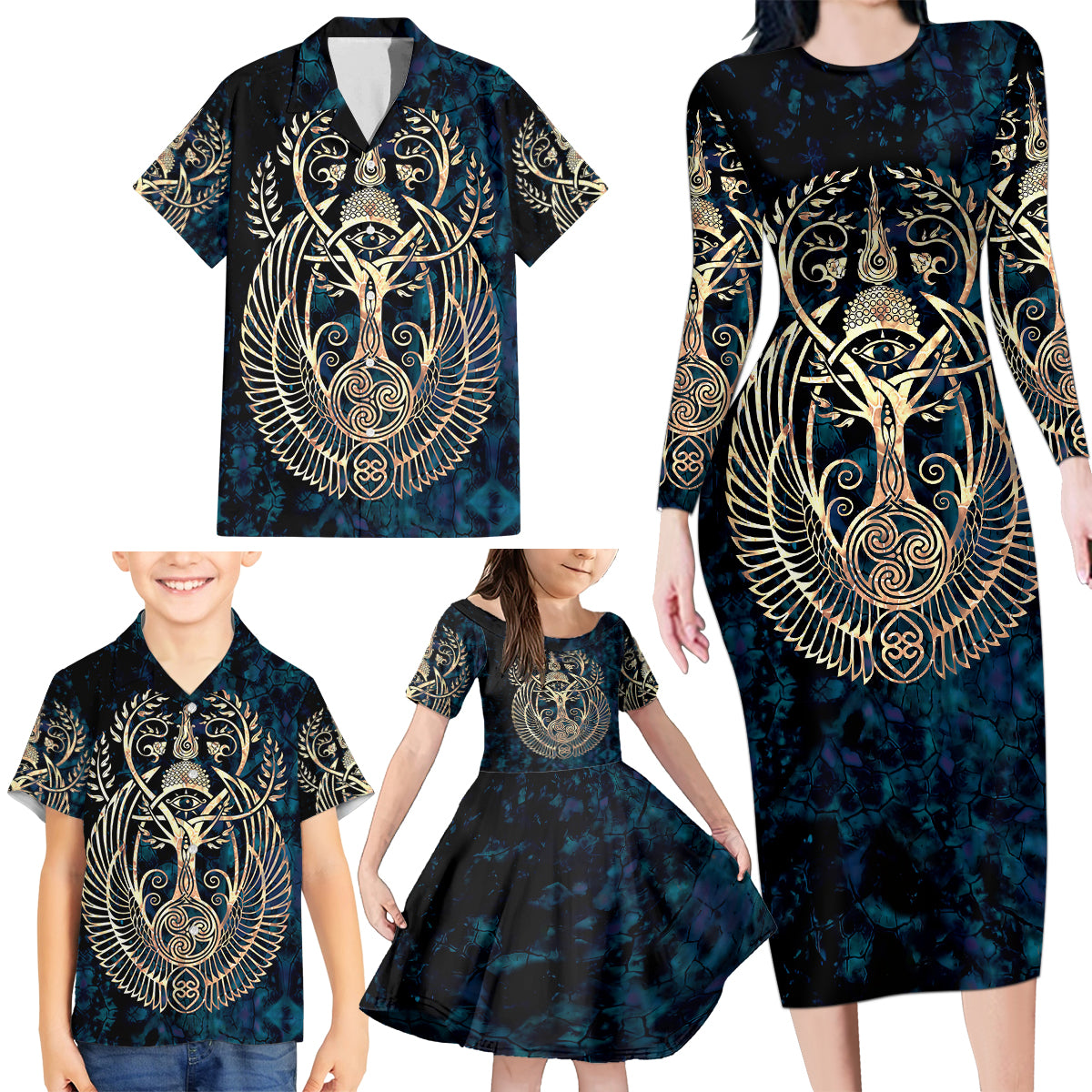 Adinkra Symbols Family Matching Long Sleeve Bodycon Dress and Hawaiian Shirt Tree of Life - Wonder Print Shop