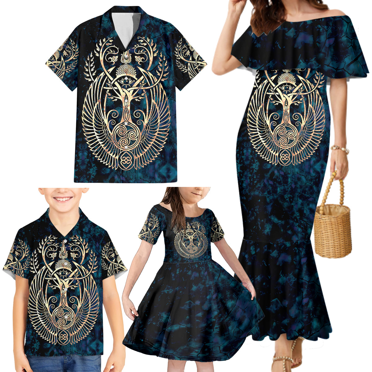 Adinkra Symbols Family Matching Mermaid Dress and Hawaiian Shirt Tree of Life - Wonder Print Shop