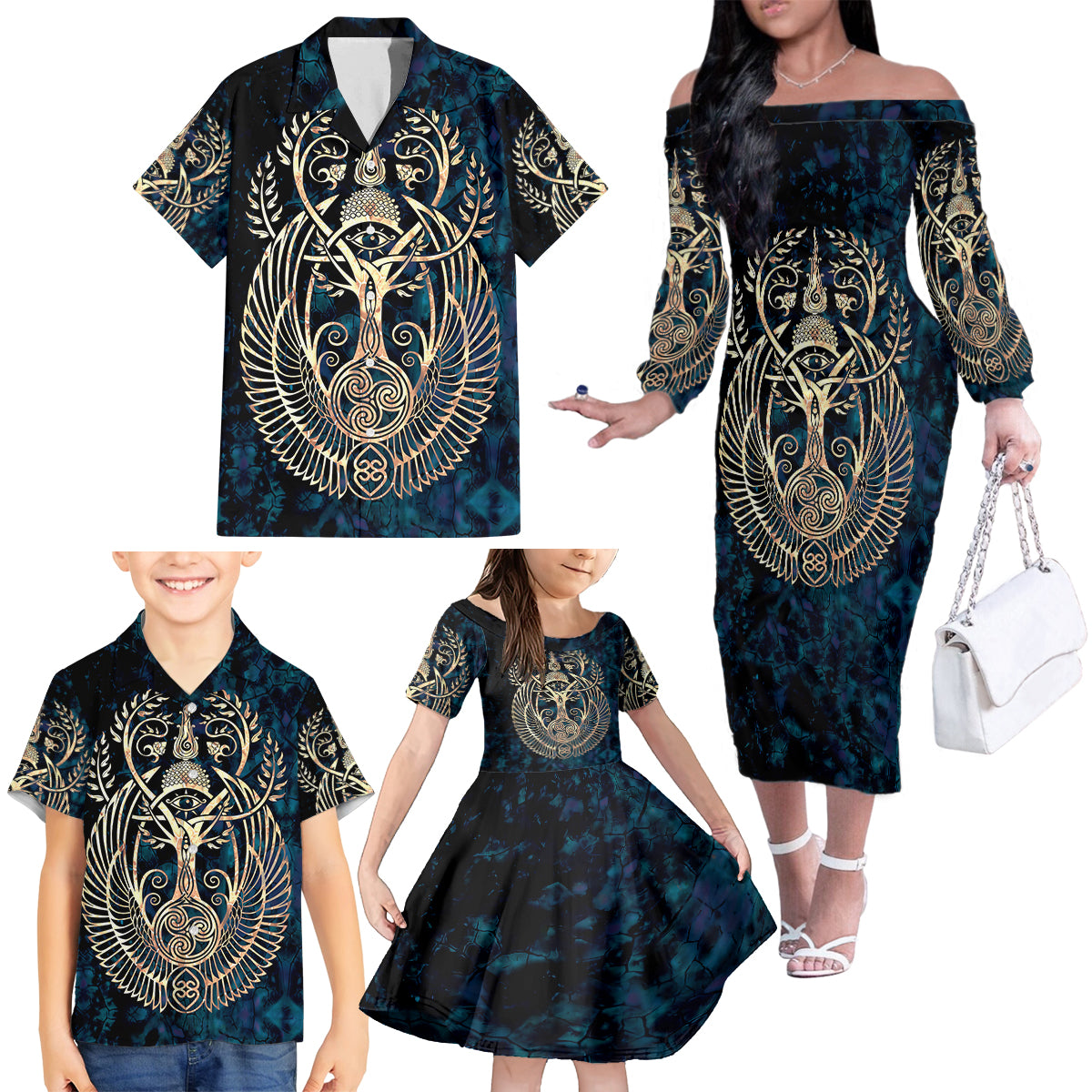 Adinkra Symbols Family Matching Off Shoulder Long Sleeve Dress and Hawaiian Shirt Tree of Life - Wonder Print Shop