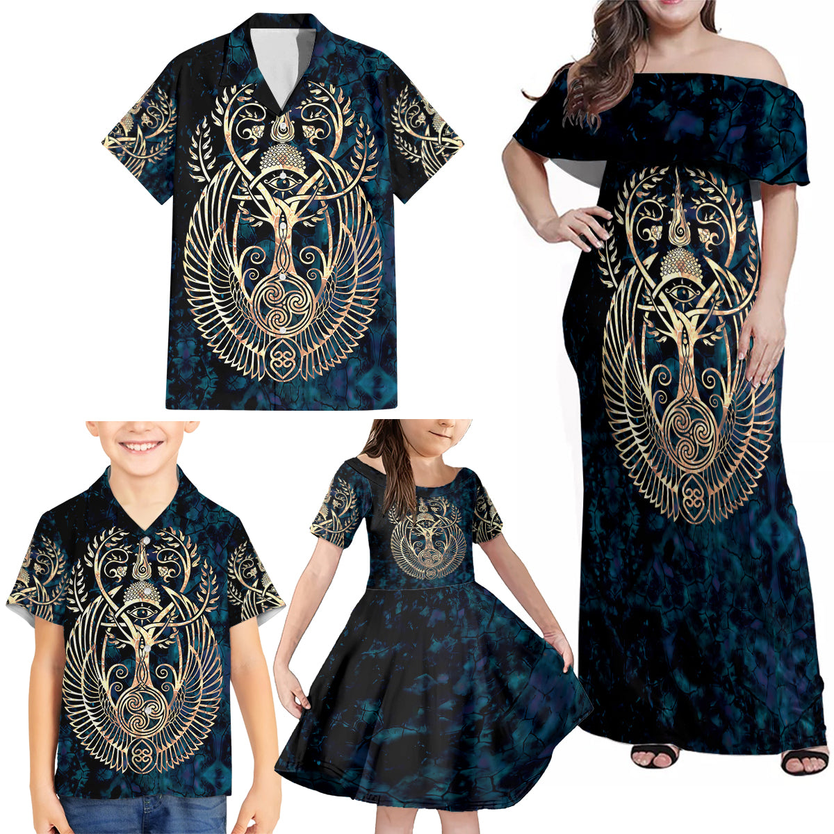 Adinkra Symbols Family Matching Off Shoulder Maxi Dress and Hawaiian Shirt Tree of Life - Wonder Print Shop