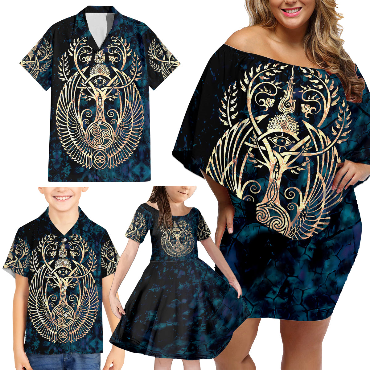 Adinkra Symbols Family Matching Off Shoulder Short Dress and Hawaiian Shirt Tree of Life - Wonder Print Shop