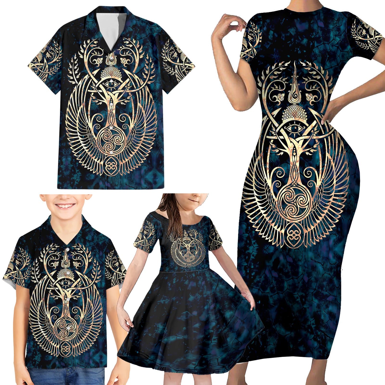 Adinkra Symbols Family Matching Short Sleeve Bodycon Dress and Hawaiian Shirt Tree of Life - Wonder Print Shop