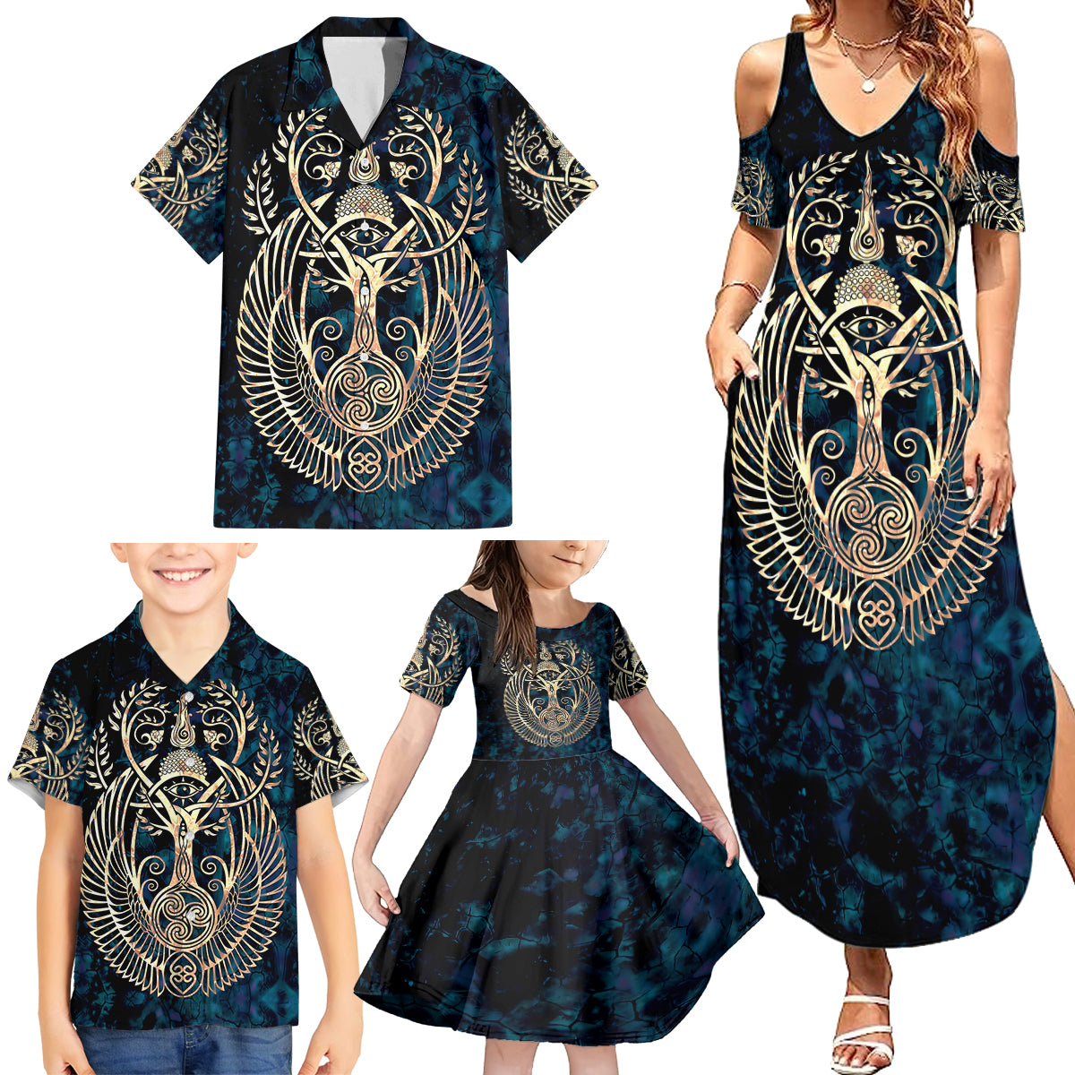 Adinkra Symbols Family Matching Summer Maxi Dress and Hawaiian Shirt Tree of Life - Wonder Print Shop