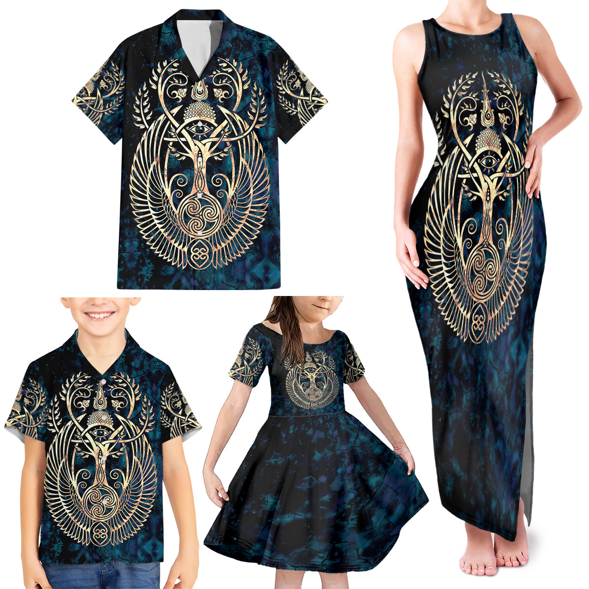 adinkra-symbols-family-matching-tank-maxi-dress-and-hawaiian-shirt-tree-of-life