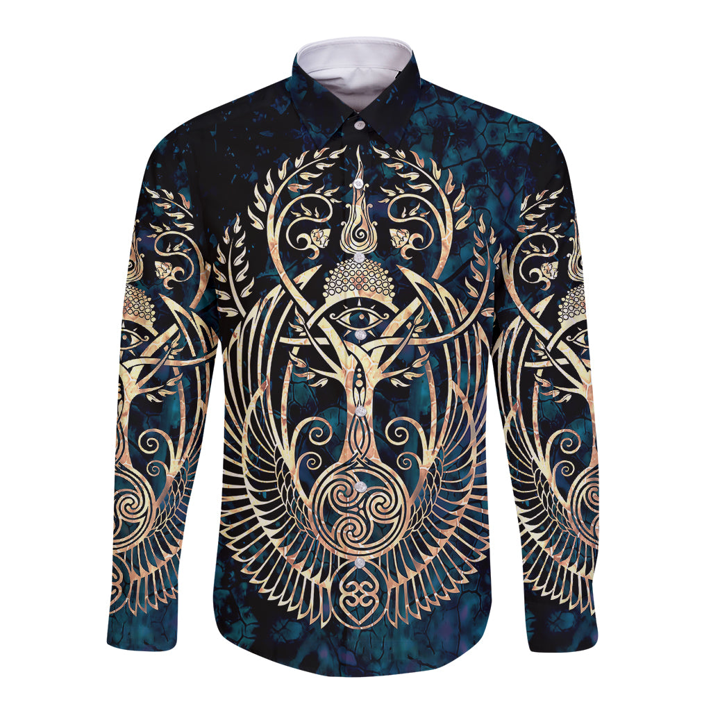 Navy long-sleeve button shirt with gold Tree of Life-style front graphic and collar