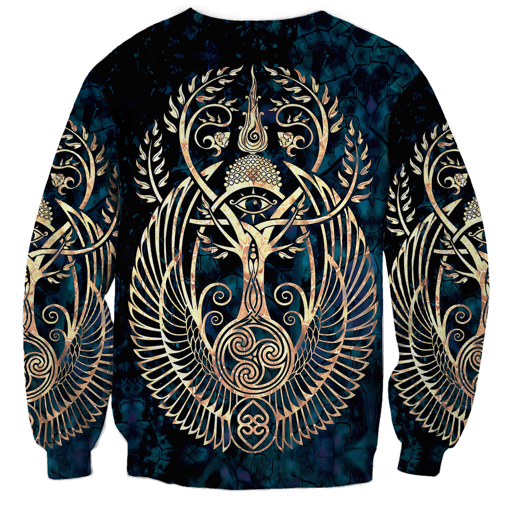 Navy long-sleeve sweatshirt featuring central gold Tree of Life and winged symbols