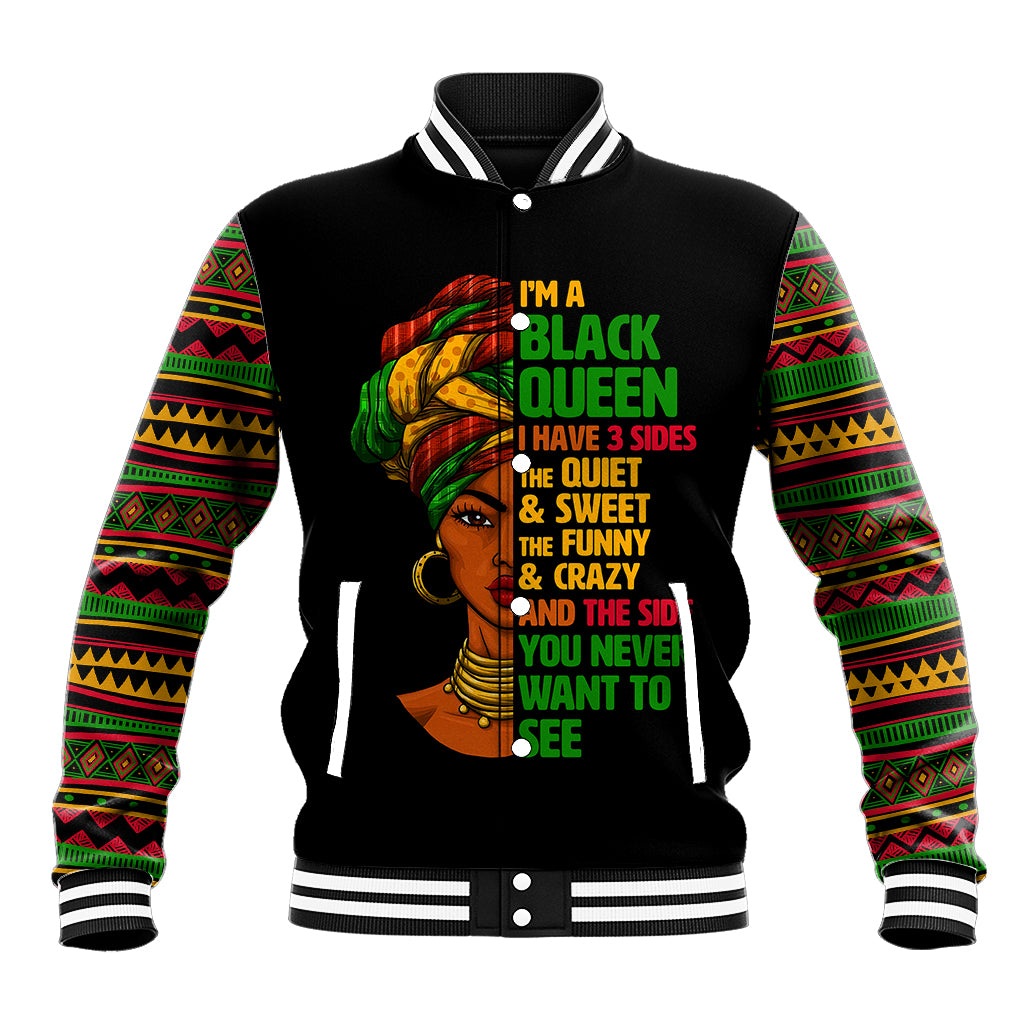 Black varsity baseball jacket with ribbed collar and colorful patterned sleeves, front graphic