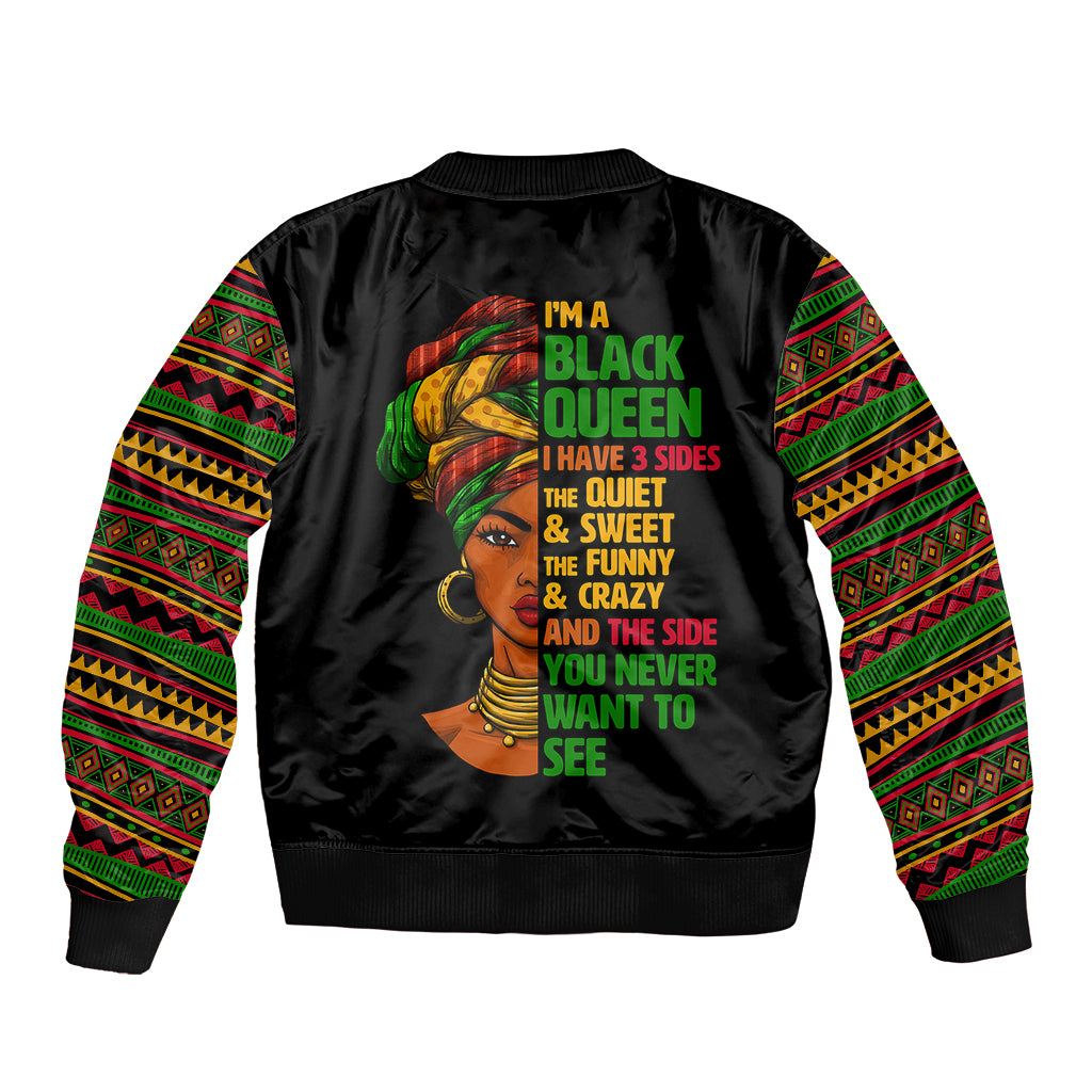 Black bomber jacket back view with colorful patterned sleeves and illustrated queen text