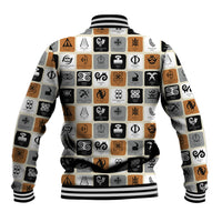 White baseball jacket, back view, black ribbed collar and hem with Adinkra symbol print.