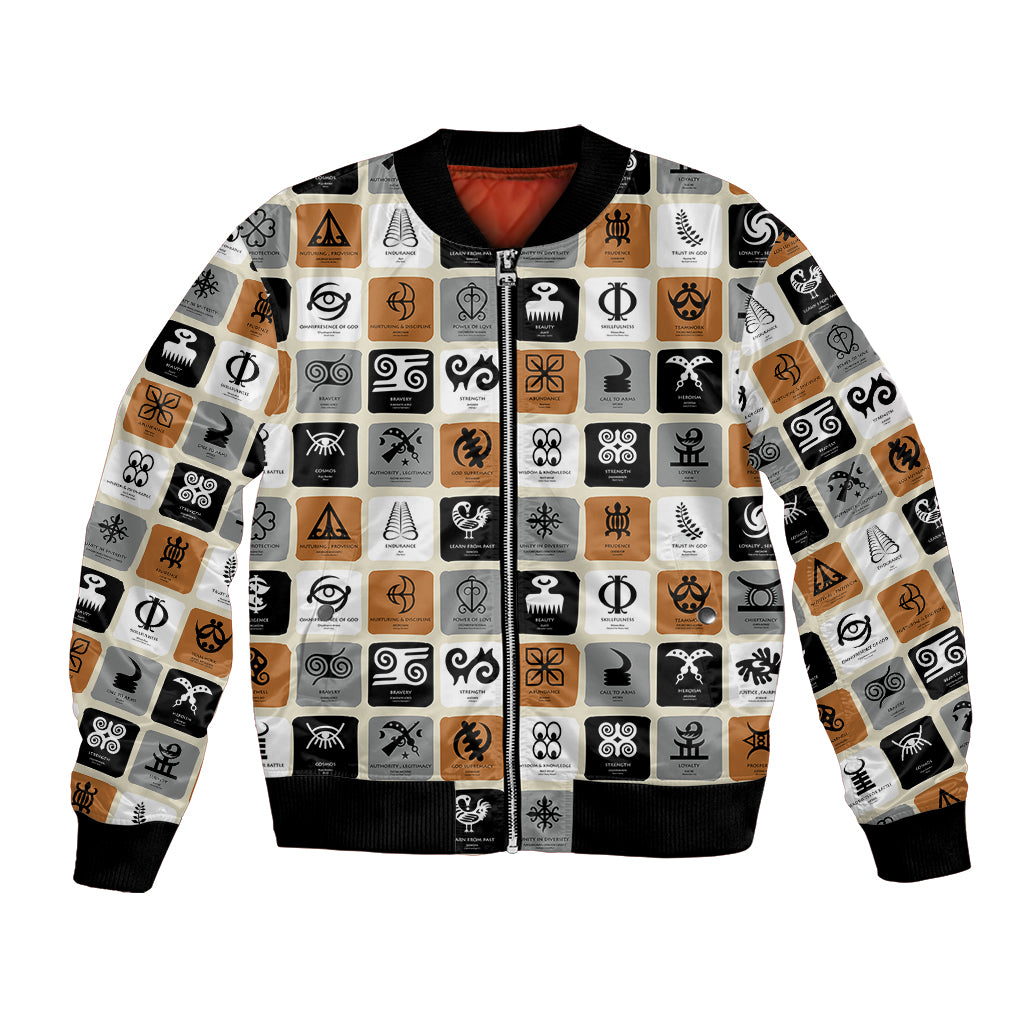 White unisex bomber jacket with all-over Adinkra symbol print, ribbed cuffs and hem.