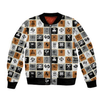 White unisex bomber jacket with all-over Adinkra symbol print, ribbed cuffs and hem.