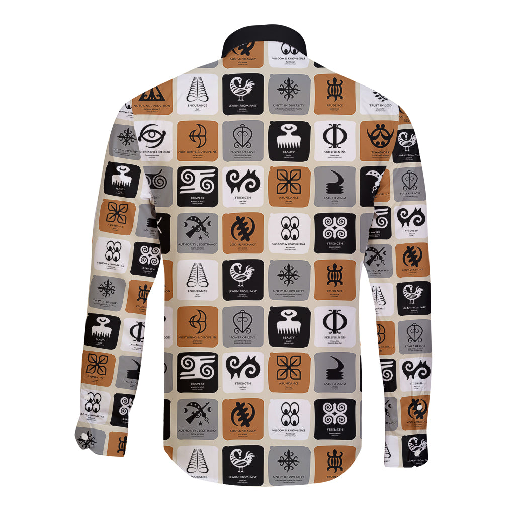 White long-sleeve button shirt with Adinkra symbols in black and orange, back view