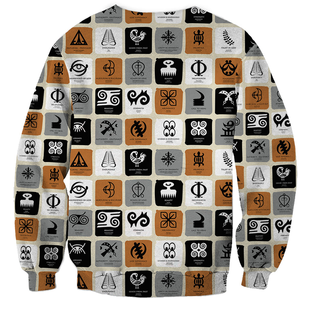 Unisex crewneck sweatshirt with patchwork Adinkra symbols, long sleeves, gray, black, orange